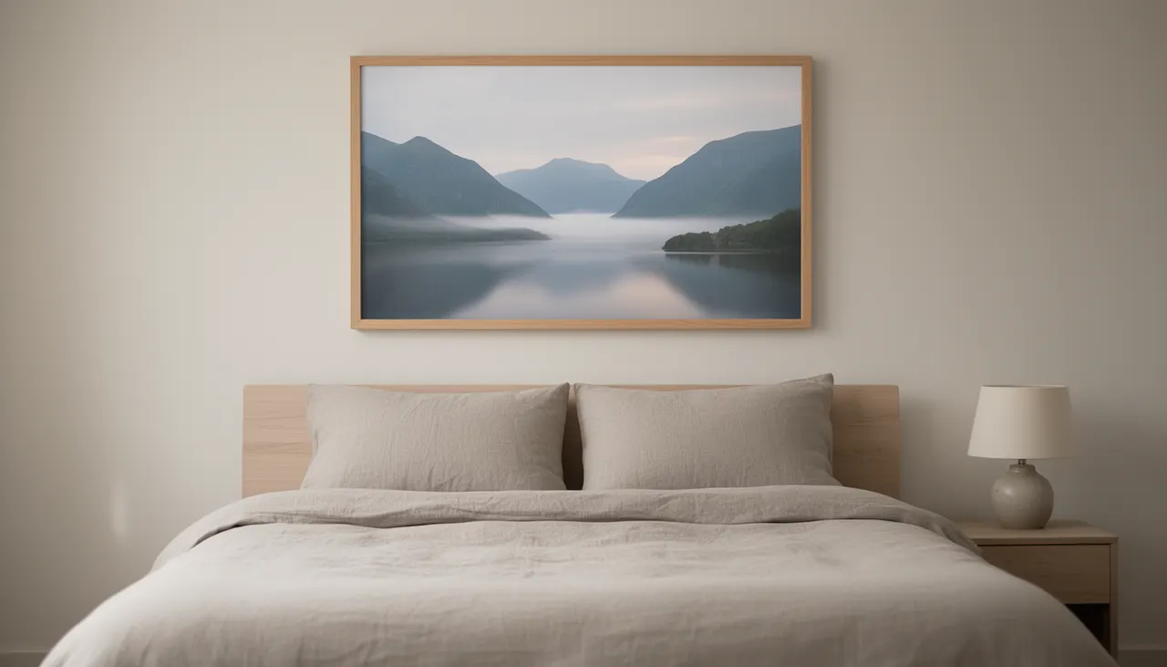 Chambre apaisante avec affiche voyage encadrée bois clair au-dessus tête de lit paysage brumeux