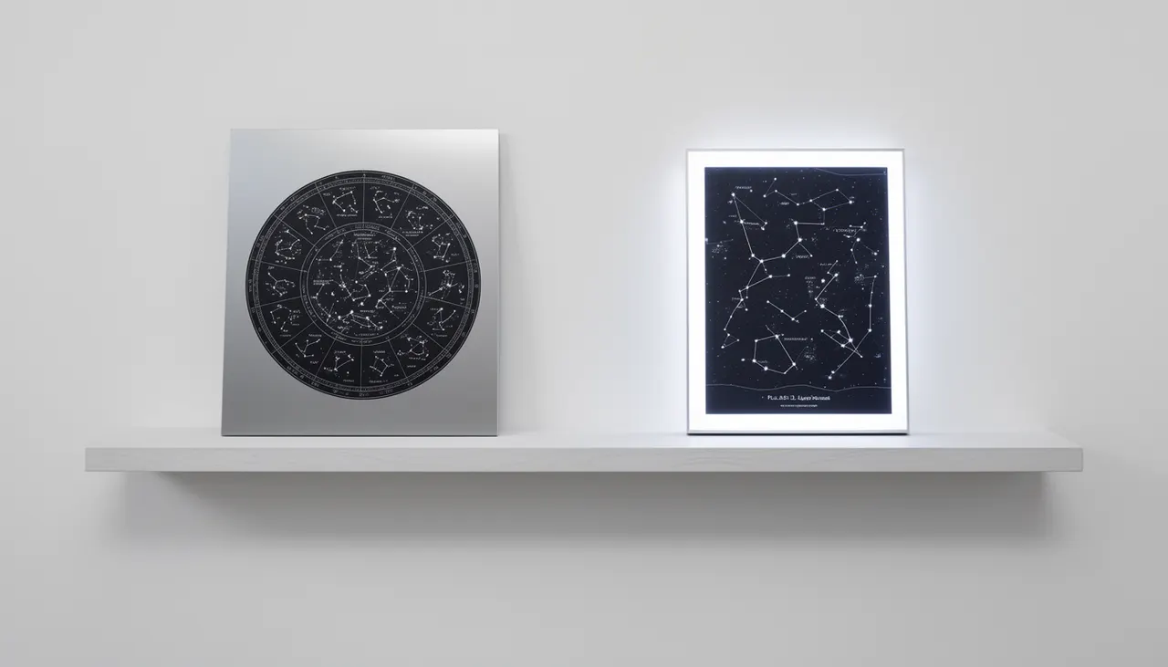 Aluminium brossé et LightPanel côte à côte Comparatif visuel affiche aluminium brossé et LightPanel allumé sur étagère murale
