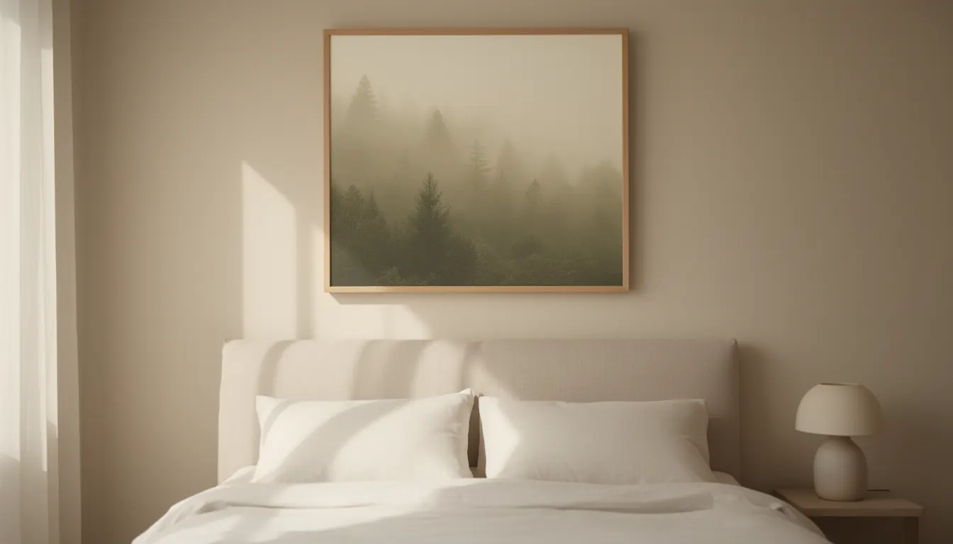 Chambre apaisante avec affiche paysage brumeux encadrée bois clair au-dessus du lit