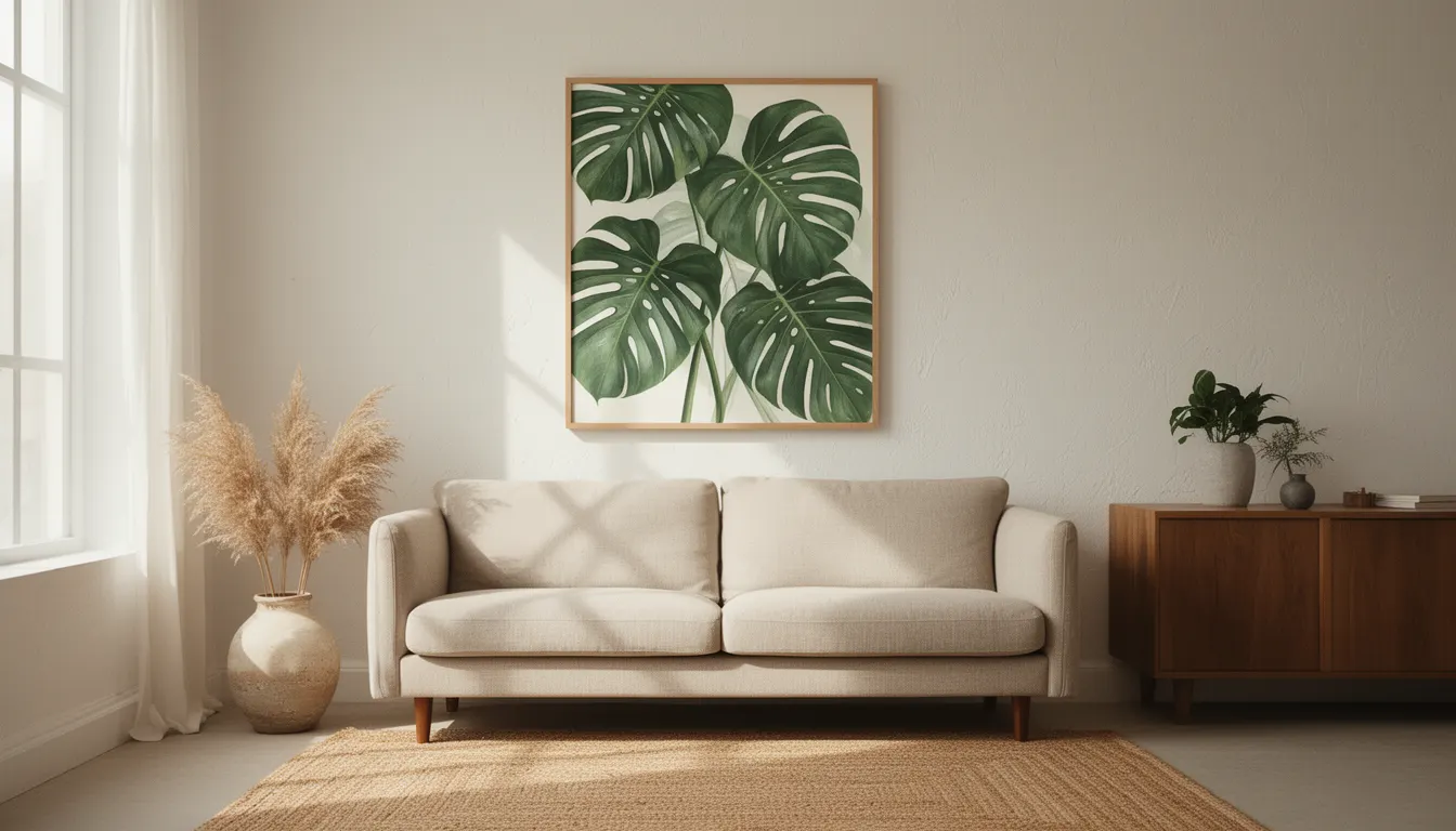 Salon lumineux avec un grand poster botanique encadré au-dessus d'un canapé en lin, lumière naturelle douce