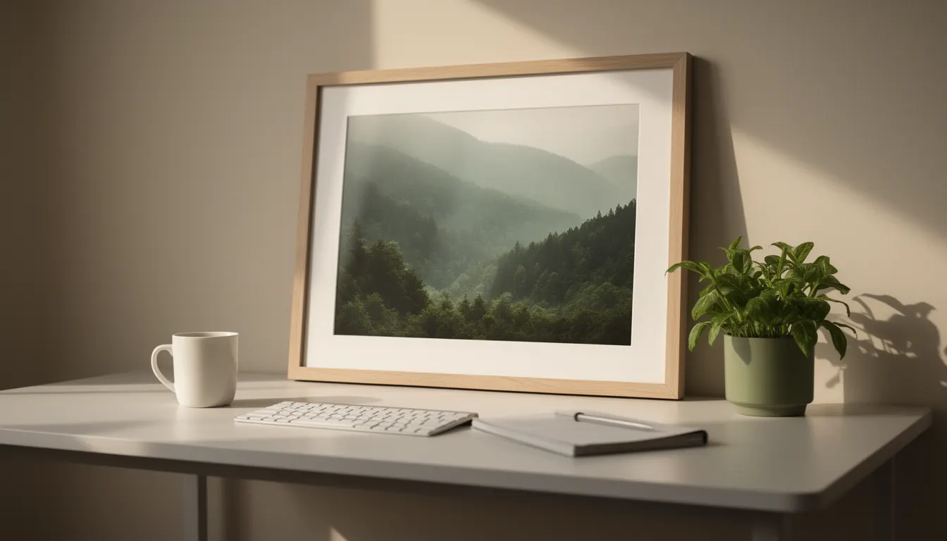Bureau télétravail avec affiche nature encadrée bois clair au mur, éclairage naturel latéral