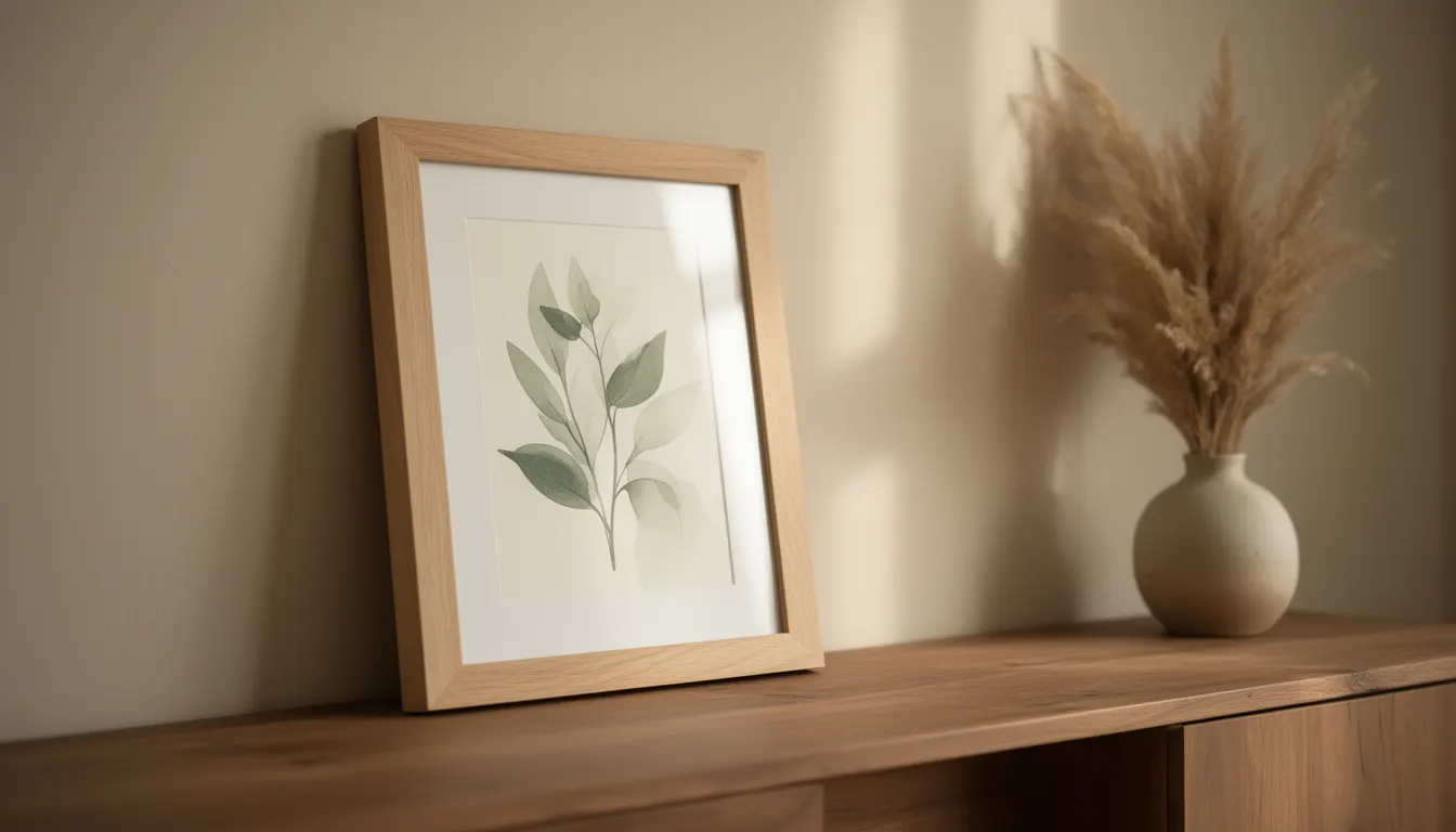 Affiche encadrée en bois clair posée sur une console en chêne, lumière naturelle latérale