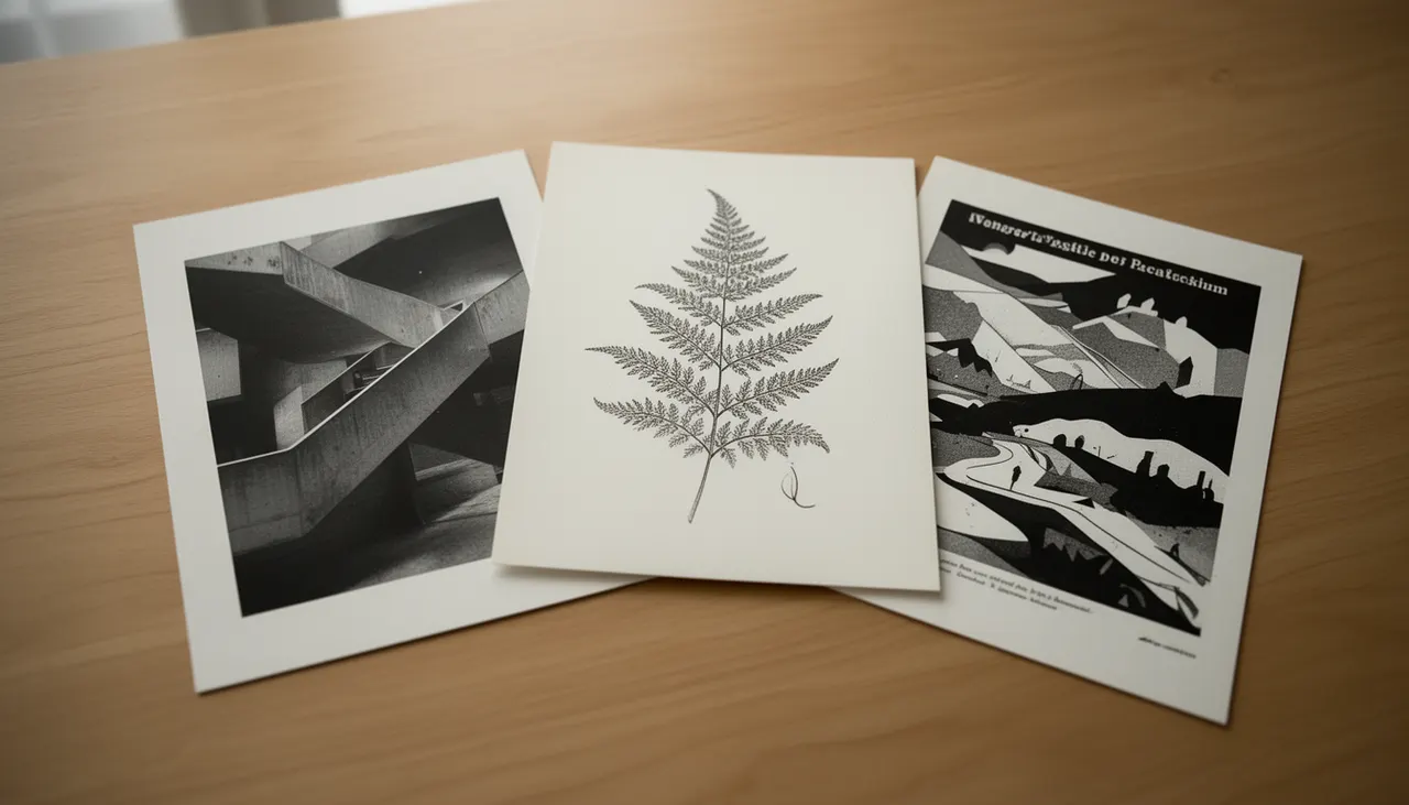 Choix sujets affiches noir et blanc Trois affiches noir et blanc non encadrées posées sur table en chêne : photo architecture, illustration botanique, affiche vintage