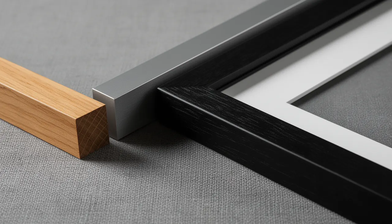 Détail de trois cadres côte à côte : bois chêne clair, aluminium noir mat, bois noir mat, avec passe-partout blanc
