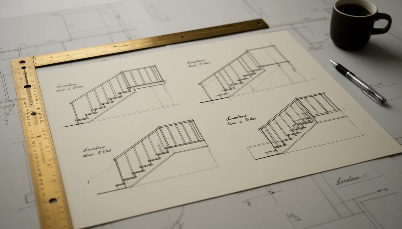 Quatre schémas de disposition cadres escalier : alignement bas, haut, centre, grappe, dessins techniques