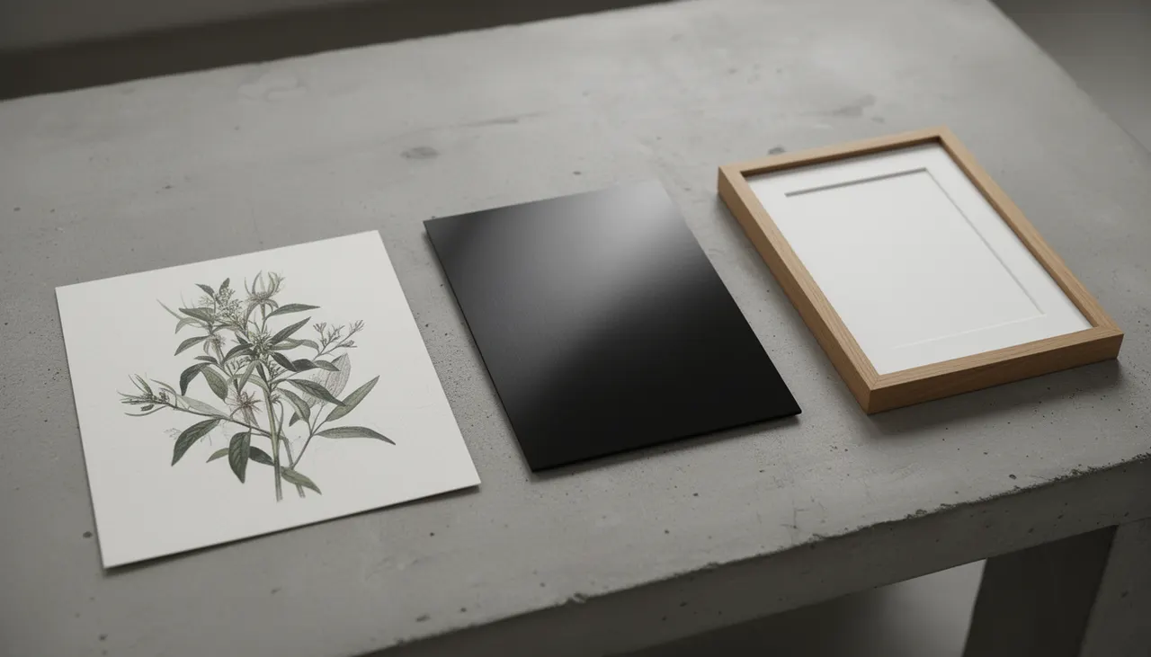 Comparatif matières : papier, aluminium, bois Gros plan sur trois échantillons de finitions Poster & Co : papier mat, aluminium brossé, cadre chêne