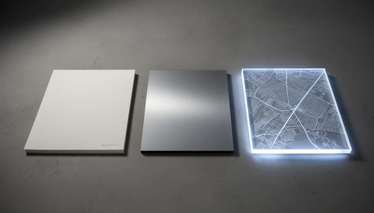 Comparatif supports affiche cartographique Trois échantillons supports affiche plan ville : papier mat, aluminium dibond, lightpanel allumé