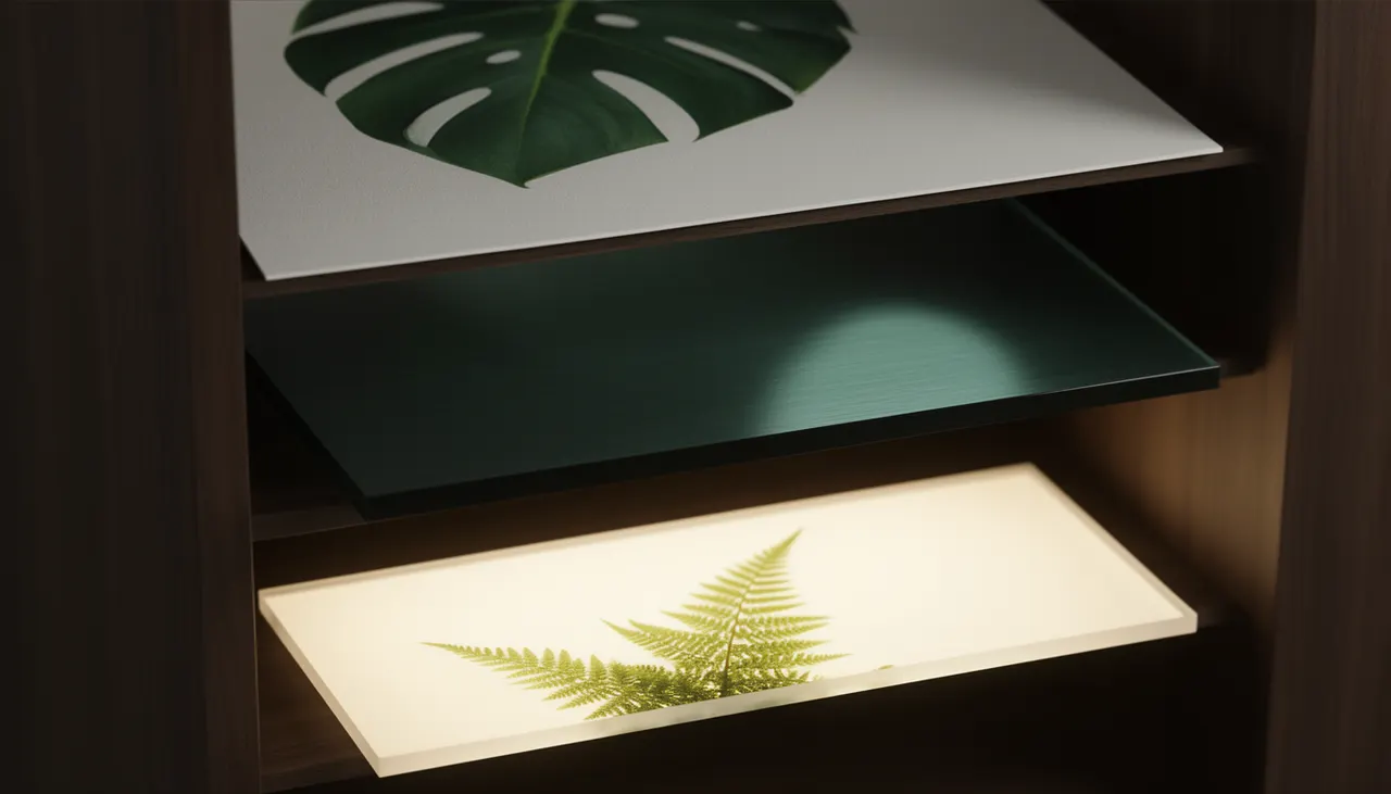 Comparatif supports : papier, aluminium, LightPanel Échantillons de supports d'impression : papier mat, aluminium brossé, panneau LightPanel allumé