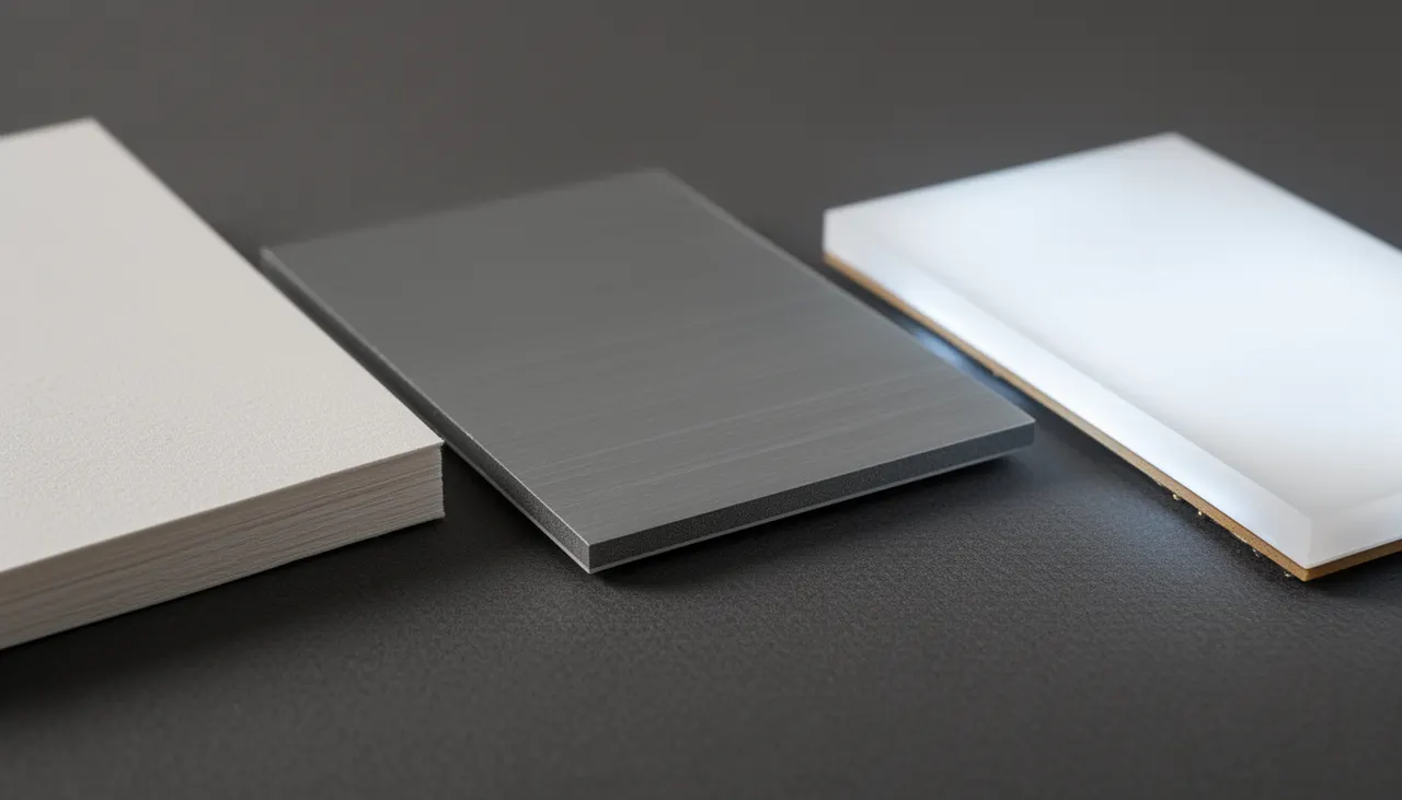Comparatif textures supports minimalistes Détail matière : papier mat texturé, aluminium brossé, tranche LightPanel allumé
