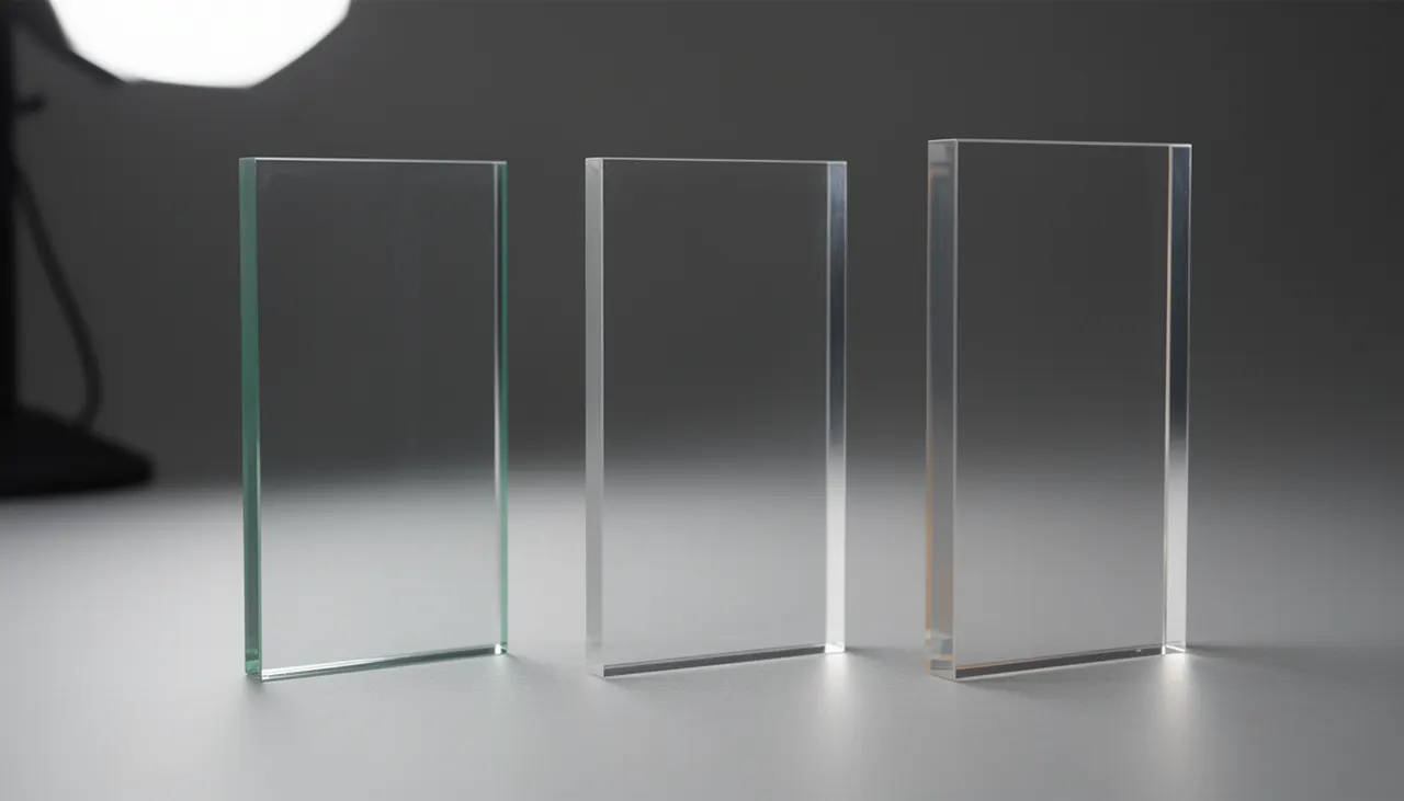 Comparatif verres protection UV Échantillons de verres anti-UV côte à côte sur fond neutre