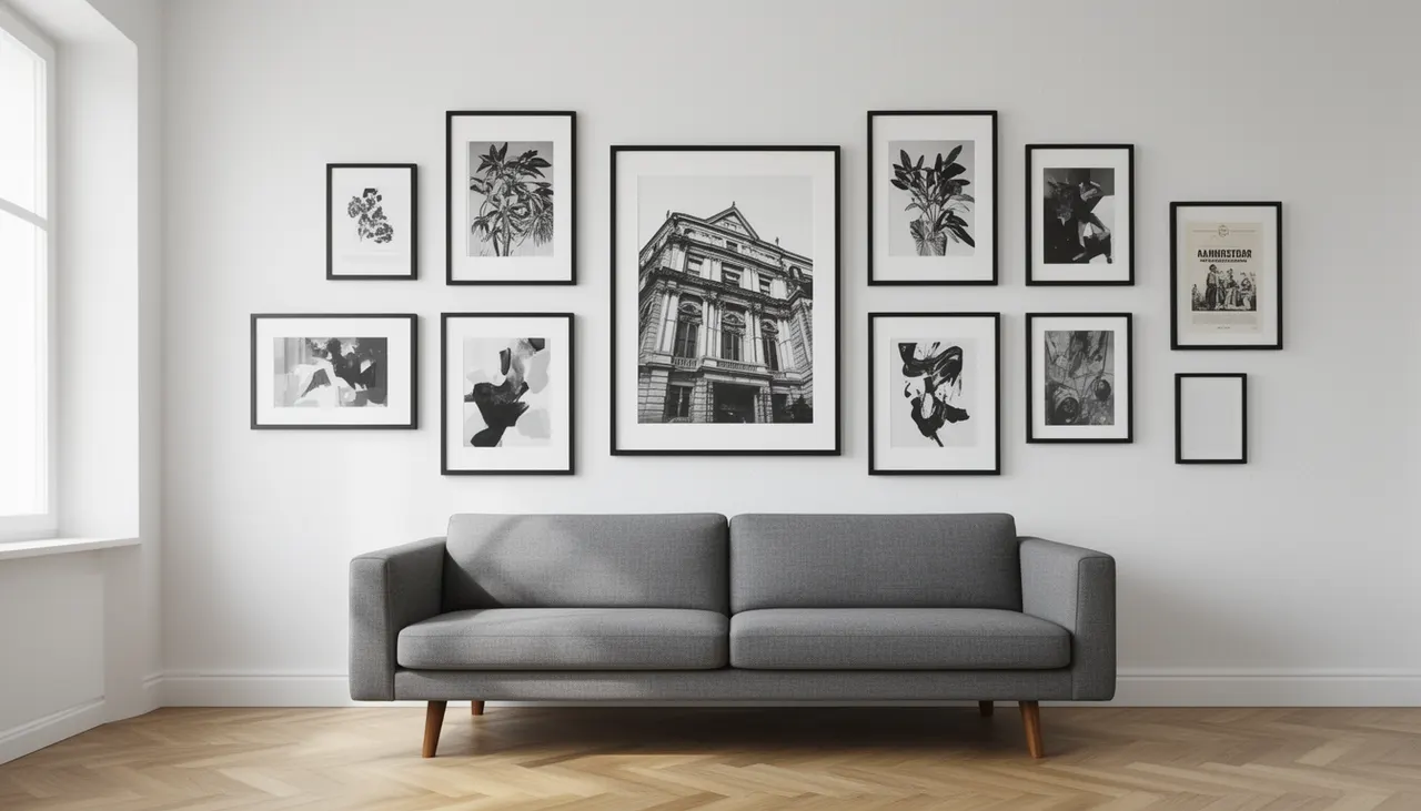 Composition galerie murale noir et blanc Mur de galerie noir et blanc au-dessus d'un canapé gris, cadres fins noirs, espacement régulier