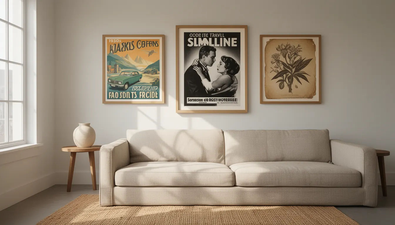 Salon contemporain habillé d'une composition murale d'affiches vintage voyage et cinéma encadrées bois clair