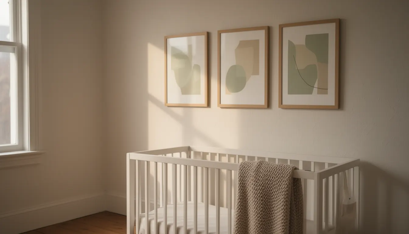 Chambre bébé épurée avec trois affiches encadrées au-dessus du lit, tons beige et vert sauge, lumière naturelle