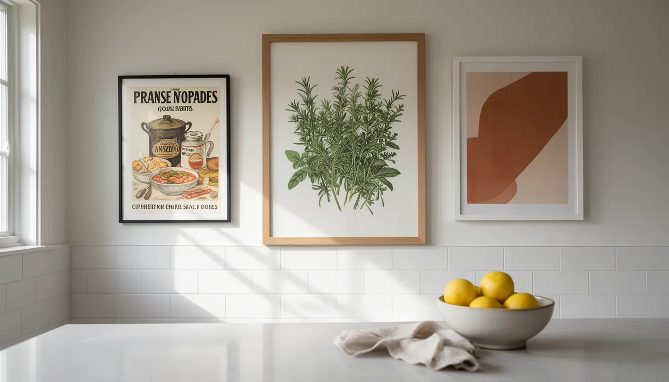 Mur de cuisine décoré avec plusieurs affiches encadrées thème alimentation et vintage