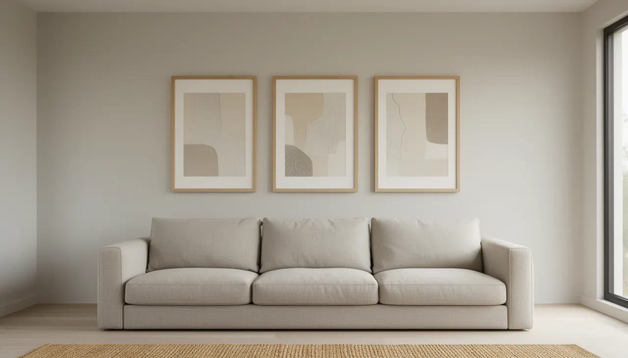 Composition murale formats 50x70 cm Mur de salon avec trois cadres 50x70 cm alignés horizontalement au-dessus d'un canapé