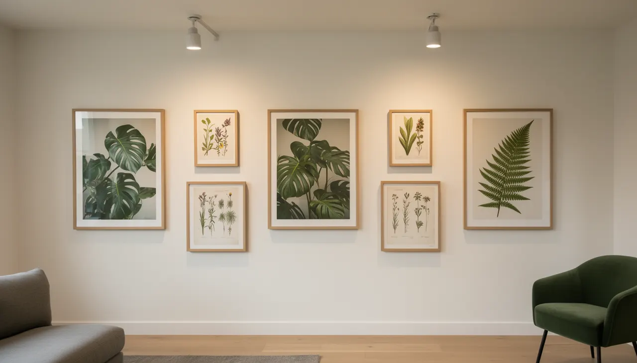 Composition murale réussie Mur de galerie botanique dans un salon : 6 cadres chêne clair, formats variés, éclairage spot dirigé