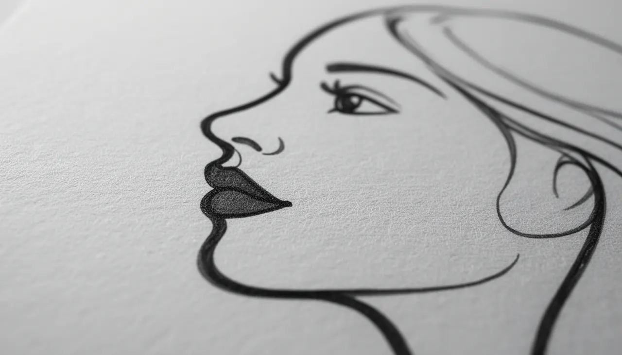 Gros plan sur texture papier mat d'une affiche Line Art visage femme trait noir continu signature artiste