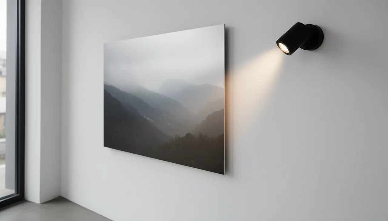 Éclairage spot 30 degrés affiche aluminium Spot LED orientable éclairant une affiche aluminium Dibond sans reflet, mur perpendiculaire à fenêtre