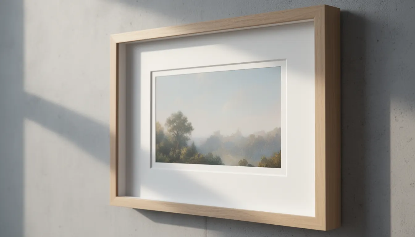 Affiche encadrée avec passe-partout blanc biseauté sur mur clair