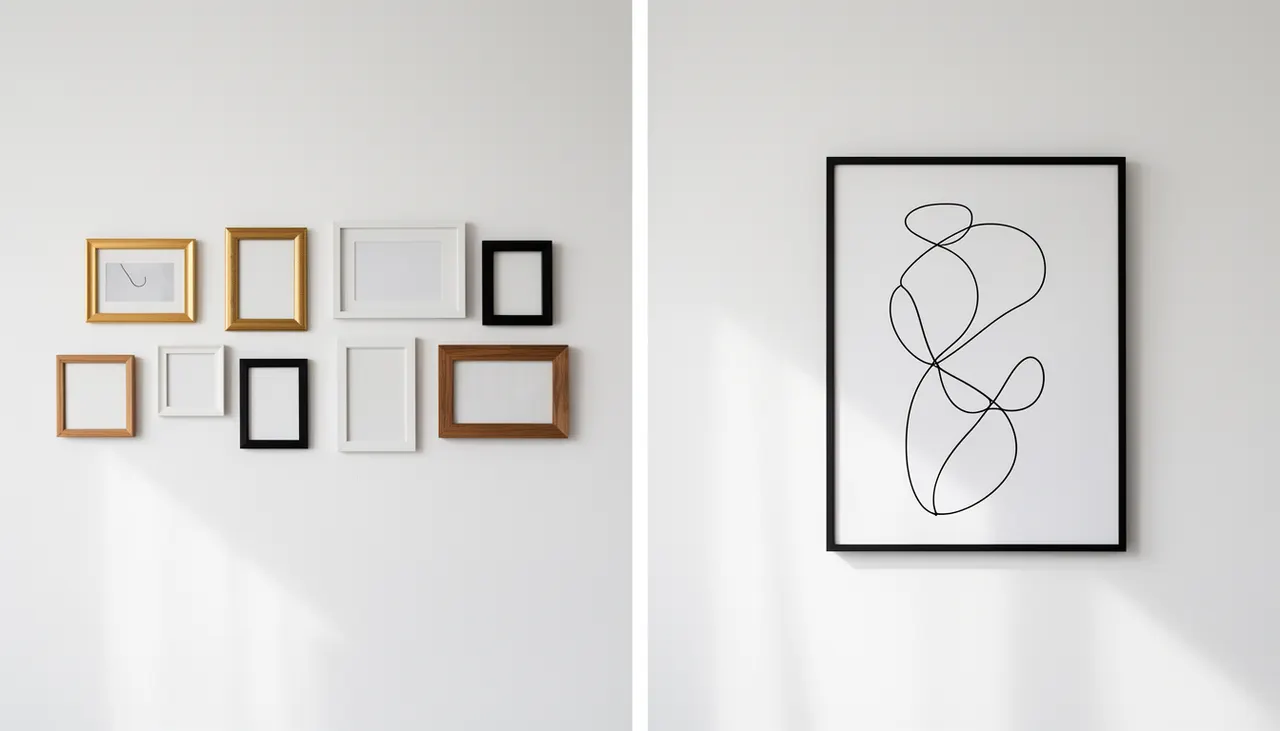 Erreur accumulation vs solution minimaliste Mur avec erreur d'accumulation de petits cadres disparates vs mur avec une grande affiche minimaliste unique