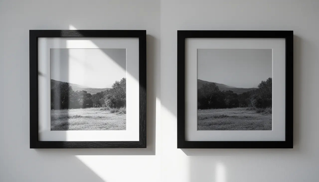 Erreur verre standard reflet affiche noir blanc Détail comparatif deux cadres côte à côte : verre standard avec reflet fenêtre vs verre anti-reflet sans reflet
