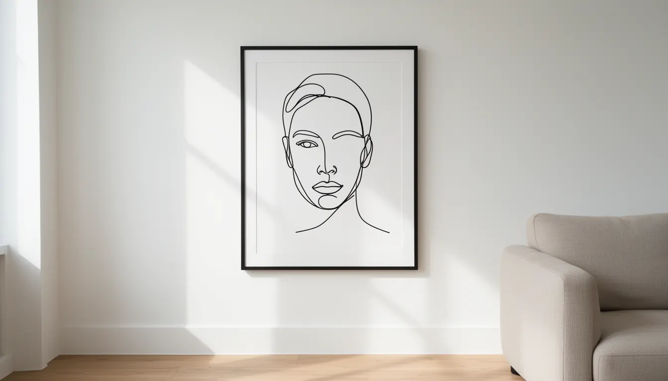 Affiche minimaliste encadrée noir sur mur blanc dans un salon épuré