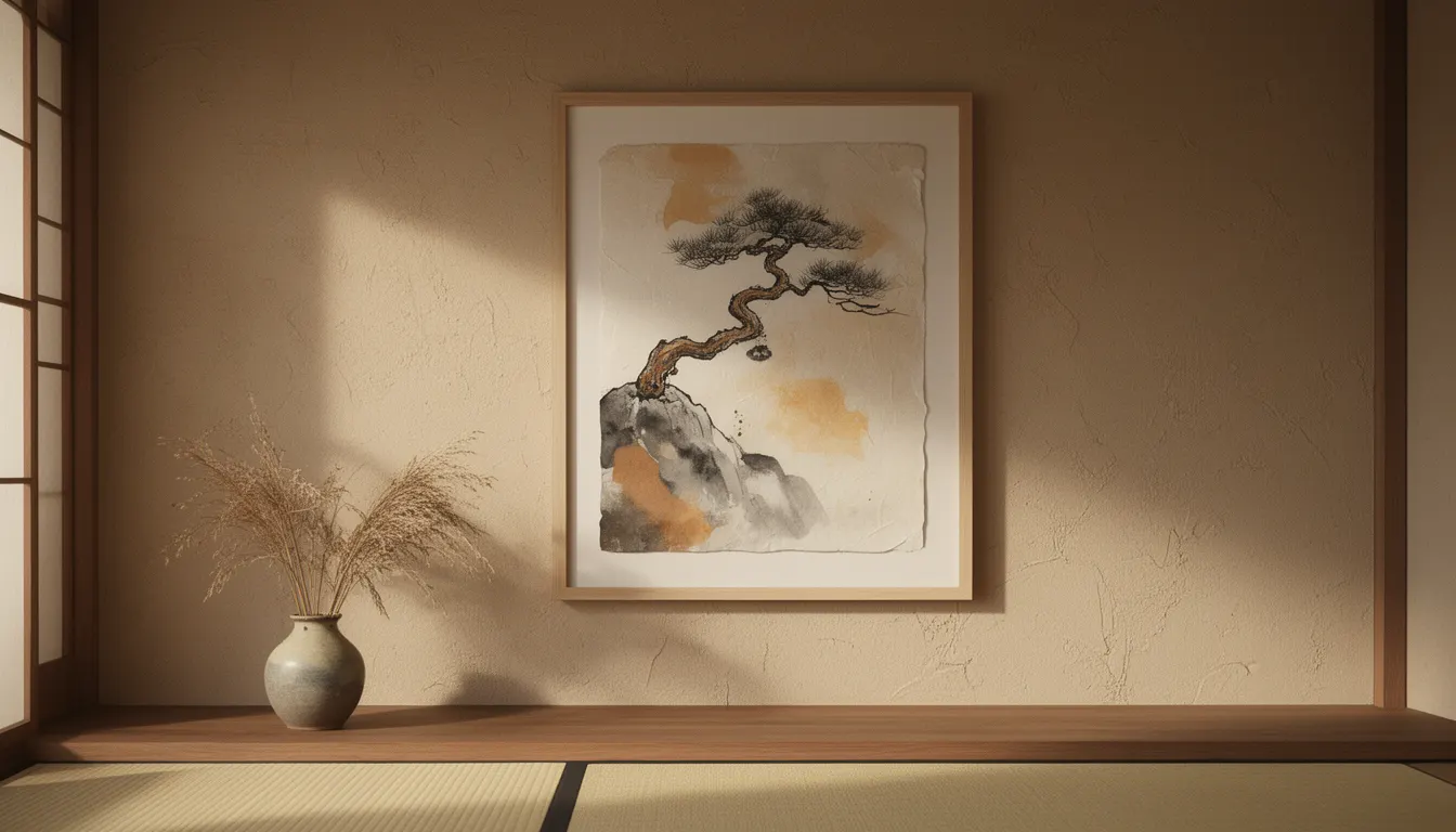Affiche wabi-sabi encadrée bois clair sur mur beige texturé, ambiance minimaliste chaleureuse