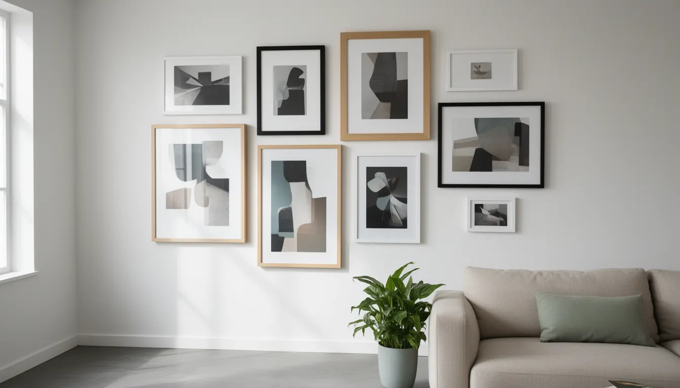 Mur de cadres asymétrique dans un salon moderne avec cadres noirs, bois clair et LightPanel® Poster & Co