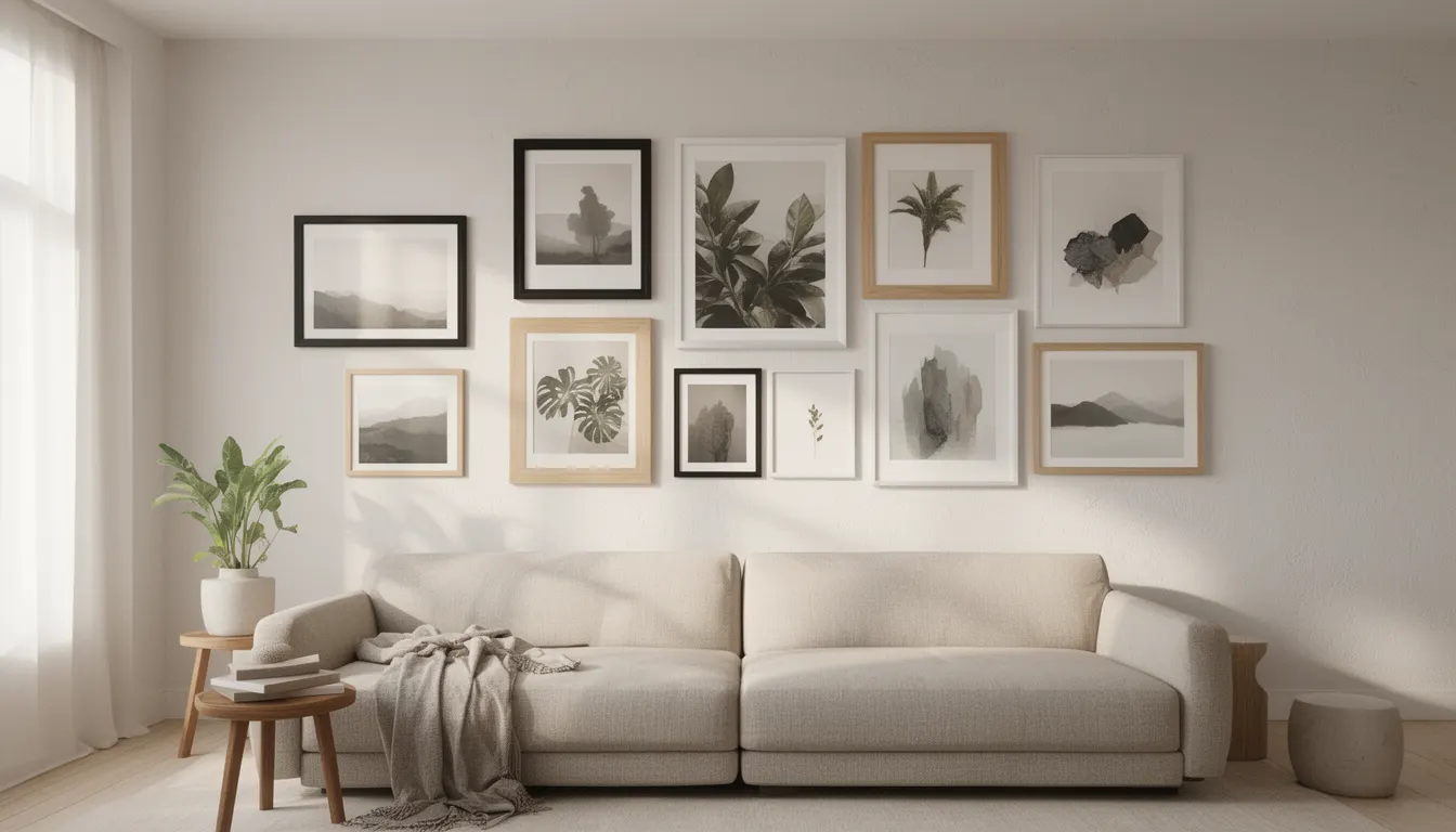 Salon moderne avec mur de cadres gallery wall mixte photos et illustrations Poster & Co