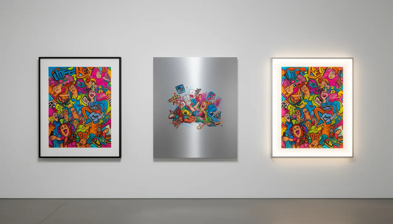 Finitions affiche pop art Poster & Co Comparatif visuel finitions affiche pop art papier mat aluminium brossé LightPanel allumé