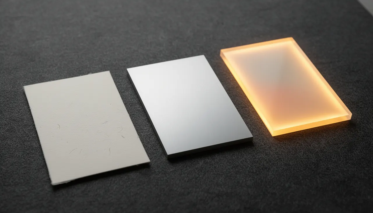 Finitions mate aluminium LightPanel Comparatif visuel papier mat aluminium brossé LightPanel allumé éteint