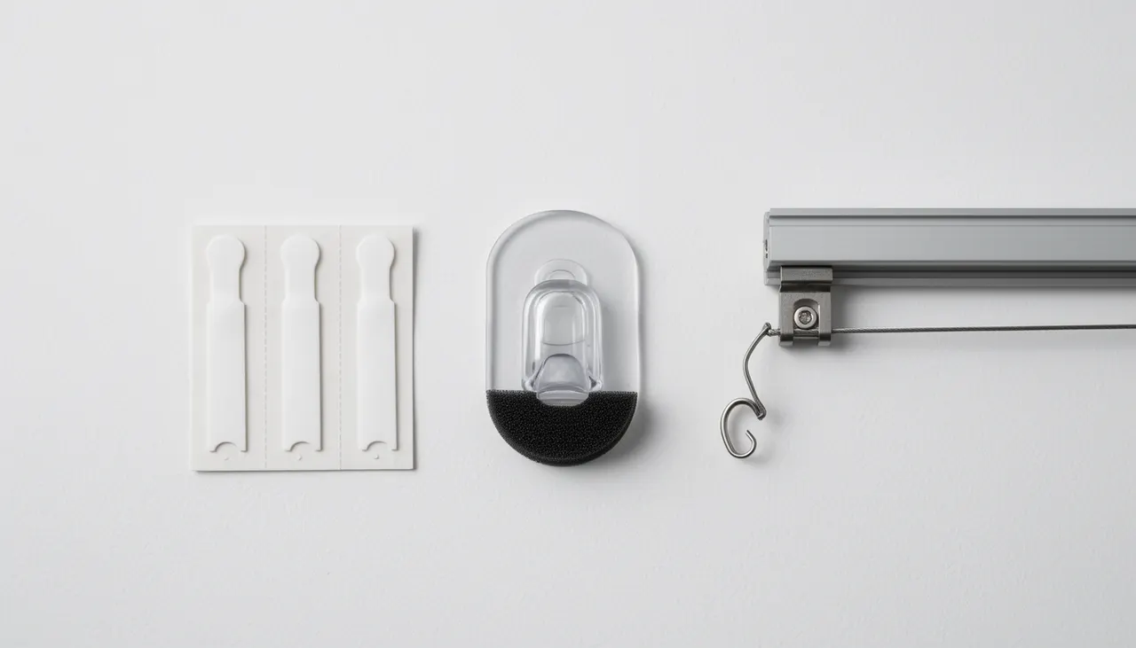 Comparatif visuel bandes adhésives, crochets et rail de suspension sur mur blanc