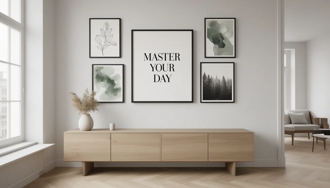 Mur de galerie avec affiche citation motivante centrale encadrée noir parmi illustrations botaniques