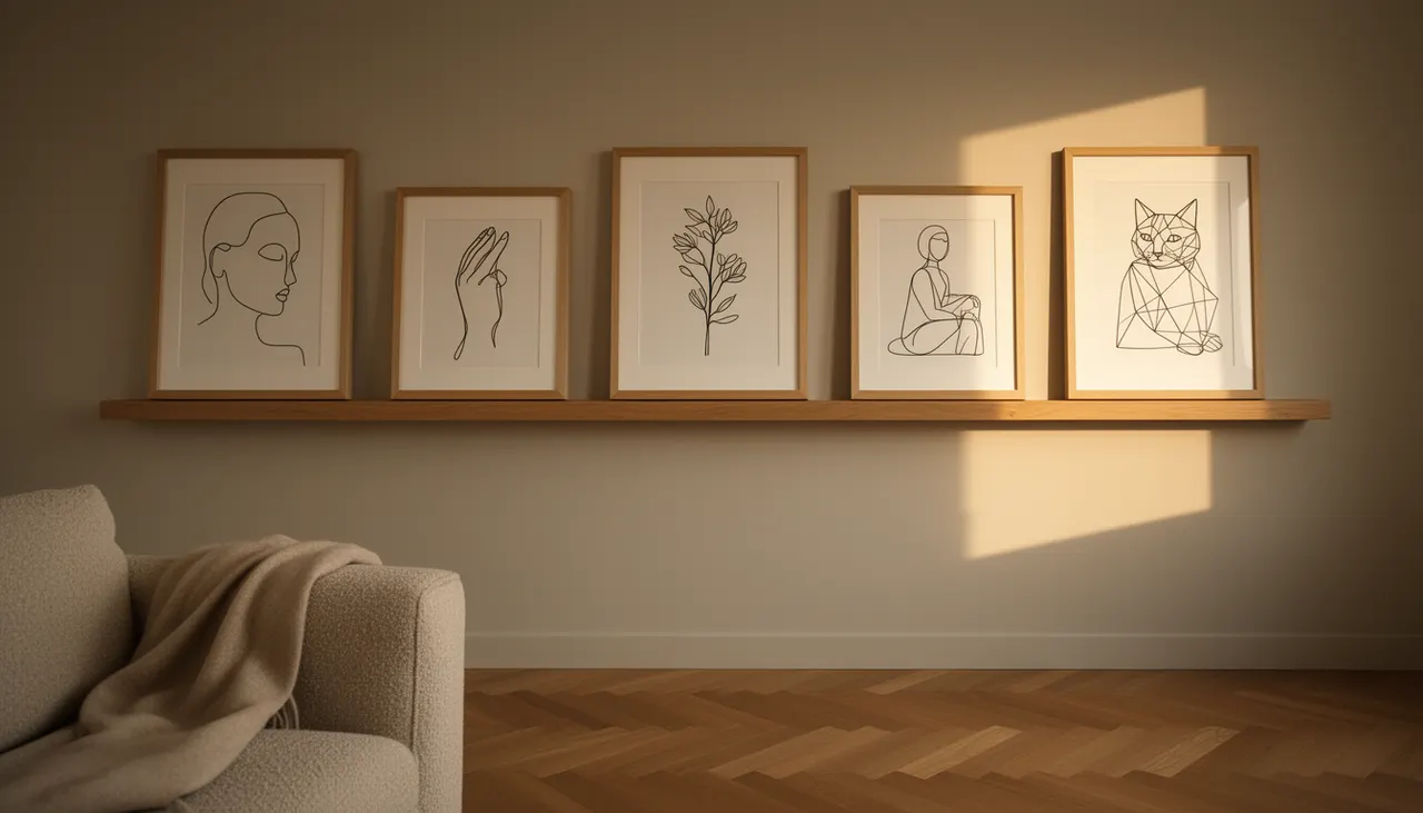 Mur galerie salon avec 5 affiches Line Art formats variés alignées sur étagère bois clair cadre chêne