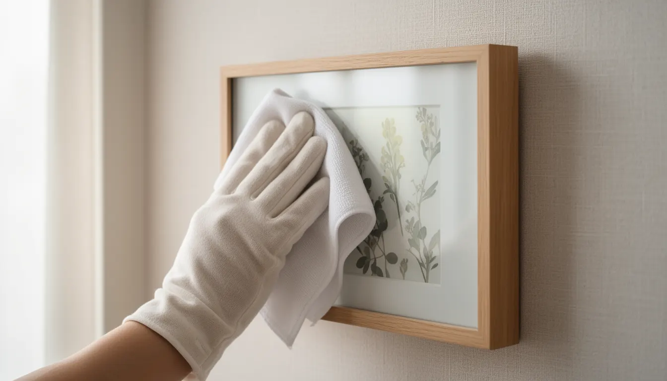 Nettoyage cadre photo sous verre sans traces avec chiffon microfibre