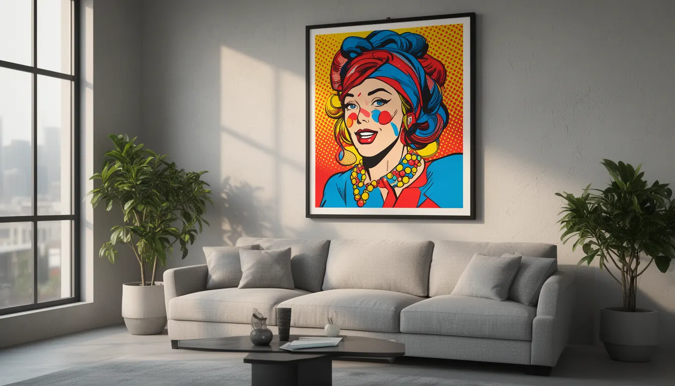 Salon moderne avec grande affiche pop art colorée au-dessus d'un canapé gris, lumière naturelle