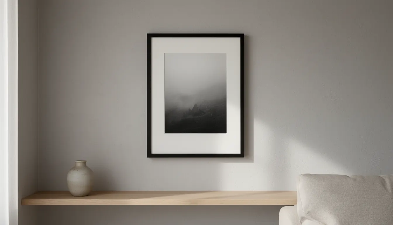 Poster noir et blanc encadré finition musée sur mur gris clair dans un salon épuré