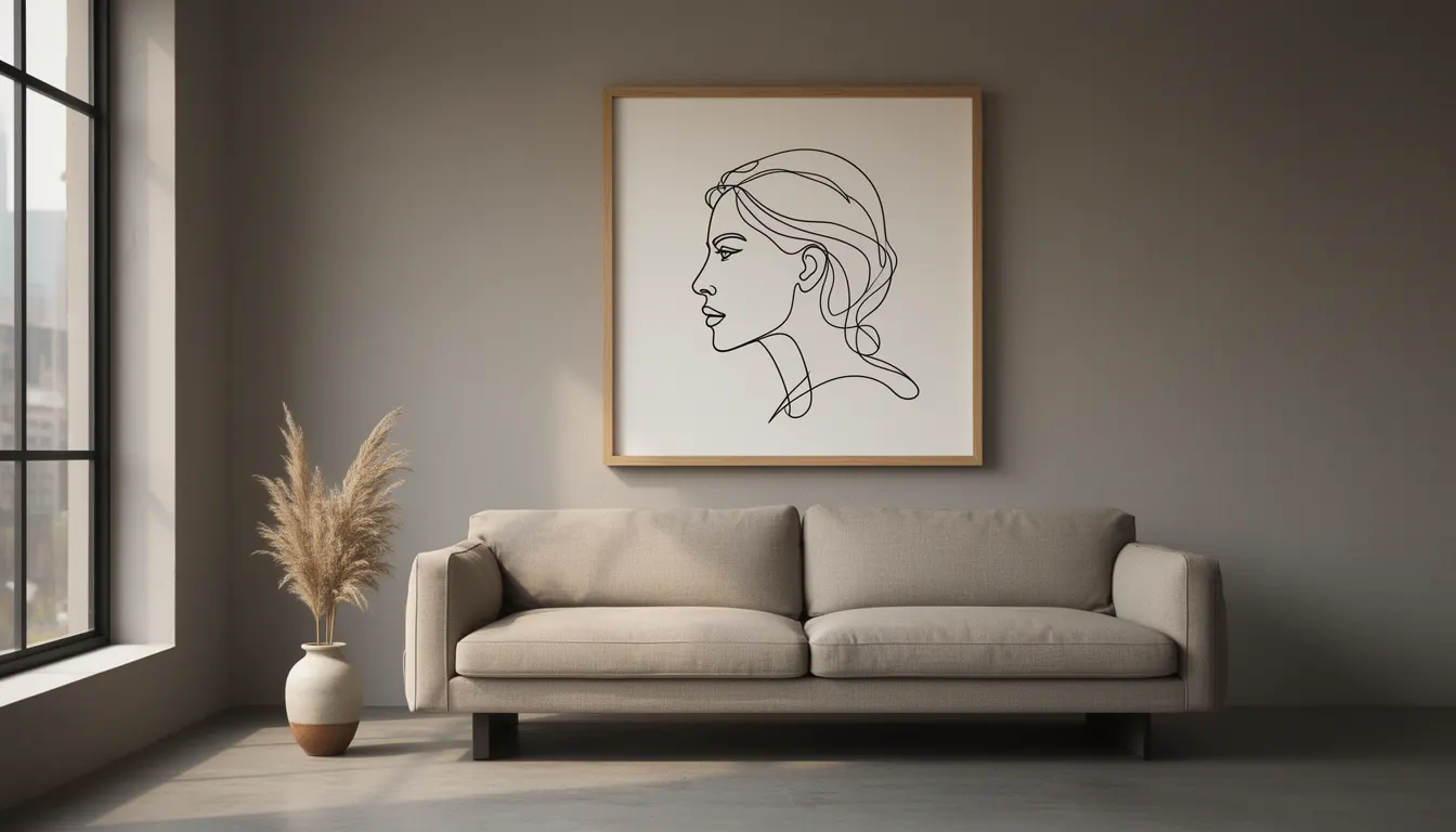 Salon contemporain épuré avec grande affiche Line Art noir et blanc encadrée en chêne clair au-dessus d'un canapé lin