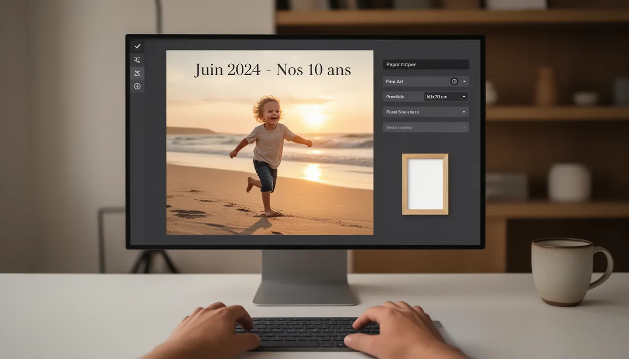 Écran d'ordinateur montrant l'outil de personnalisation d'affiche avec photo et texte