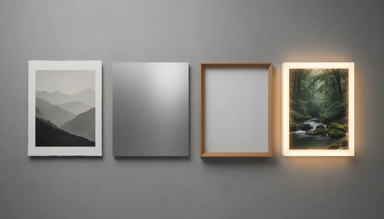 Comparatif visuel des quatre supports d'impression Poster & Co sur fond neutre