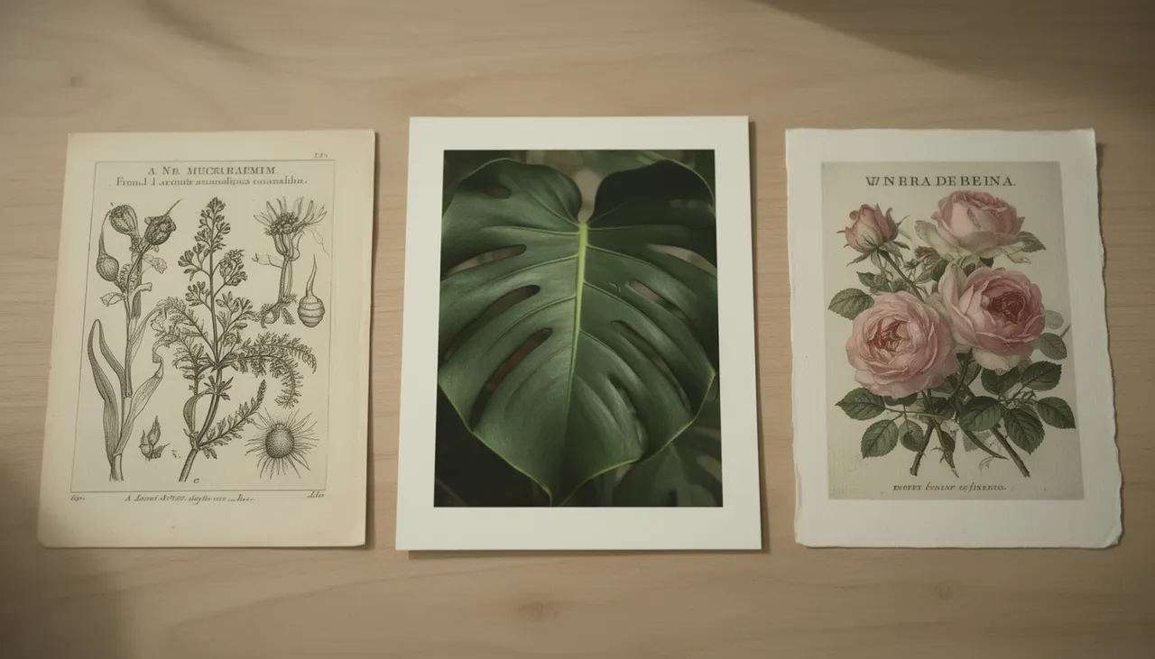 Les trois registres visuels botaniques Trois affiches botaniques côte à côte : herbier vintage, feuille de monstera photo, illustration florale ancienne