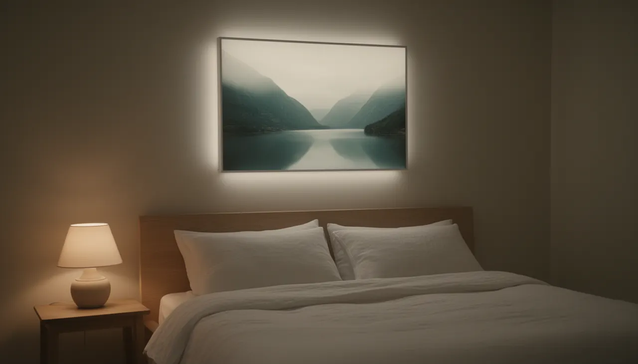 LightPanel scandinave au-dessus du lit Intérieur chambre scandinave avec LightPanel allumé affiche paysage brumeux au-dessus lit lin lavé