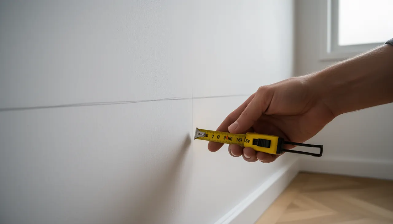 Mesurage et repérage ligne de regard Prise de mesures au mètre ruban sur mur blanc avec trait de crayon à 1m60