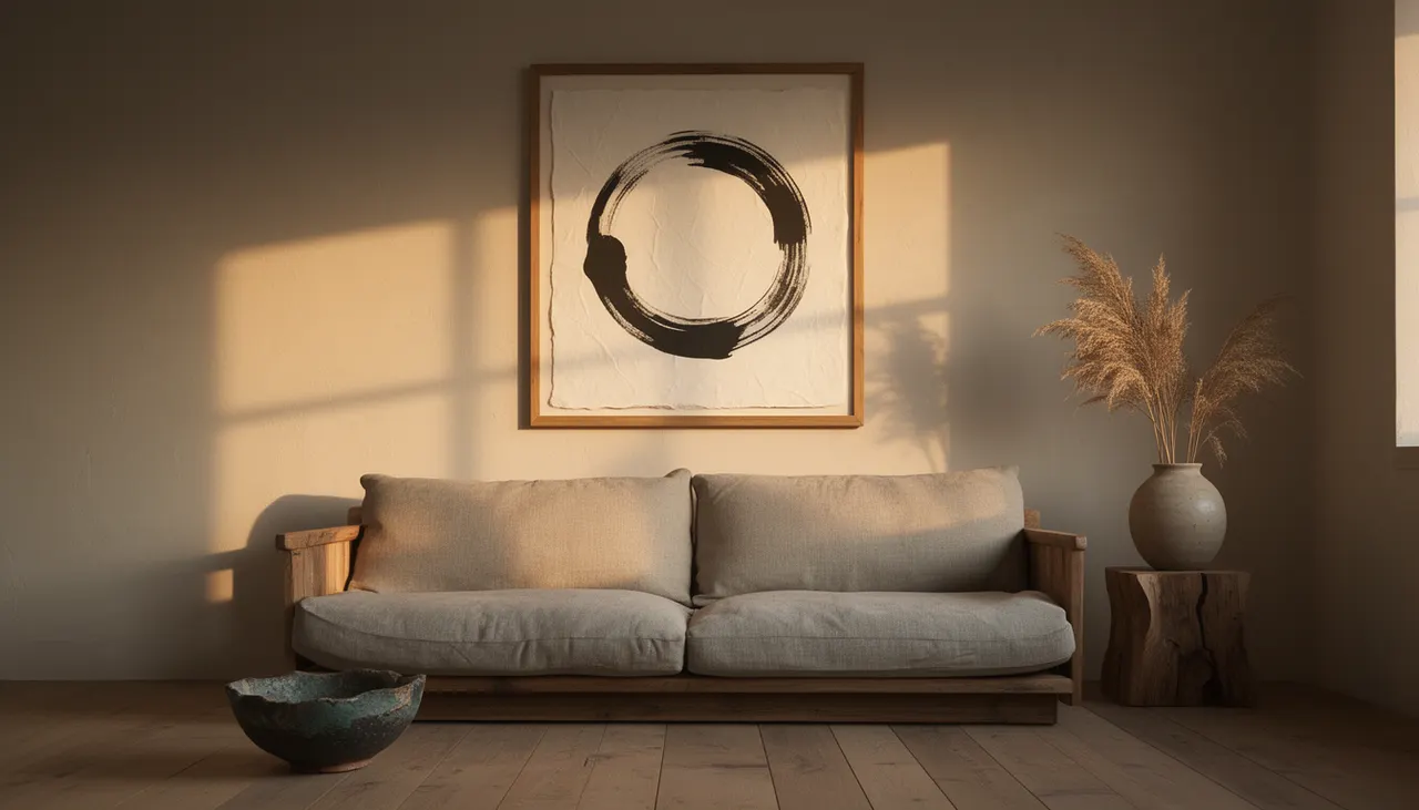 Mise en situation réelle Salon minimaliste wabi-sabi : grande affiche encadrée chêne brut décentrée au-dessus canapé lin, vase céramique imparfait