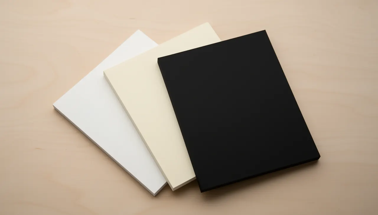 Échantillons passe-partout blanc crème noir posés sur table