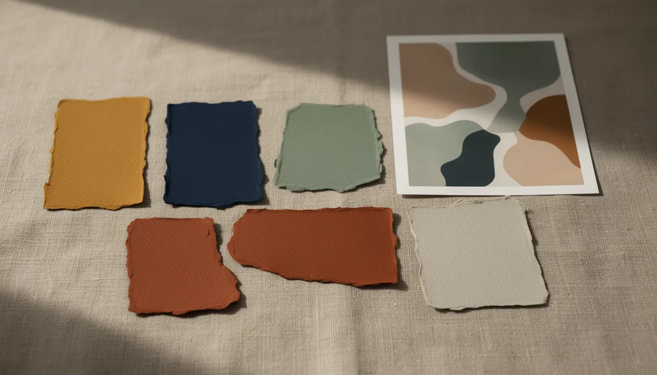 Nuancier couleurs salon art abstrait : ocre, bleu nuit, vert sauge, terracotta, gris perle