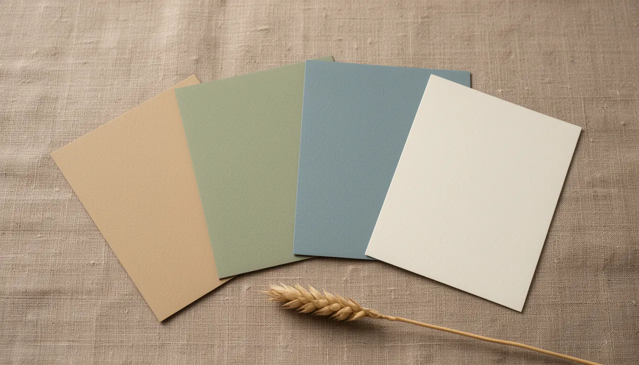 Palette couleurs chambre reposante Nuancier de teintes apaisantes sable vert sauge bleu brume lin lavé pour affiches chambre