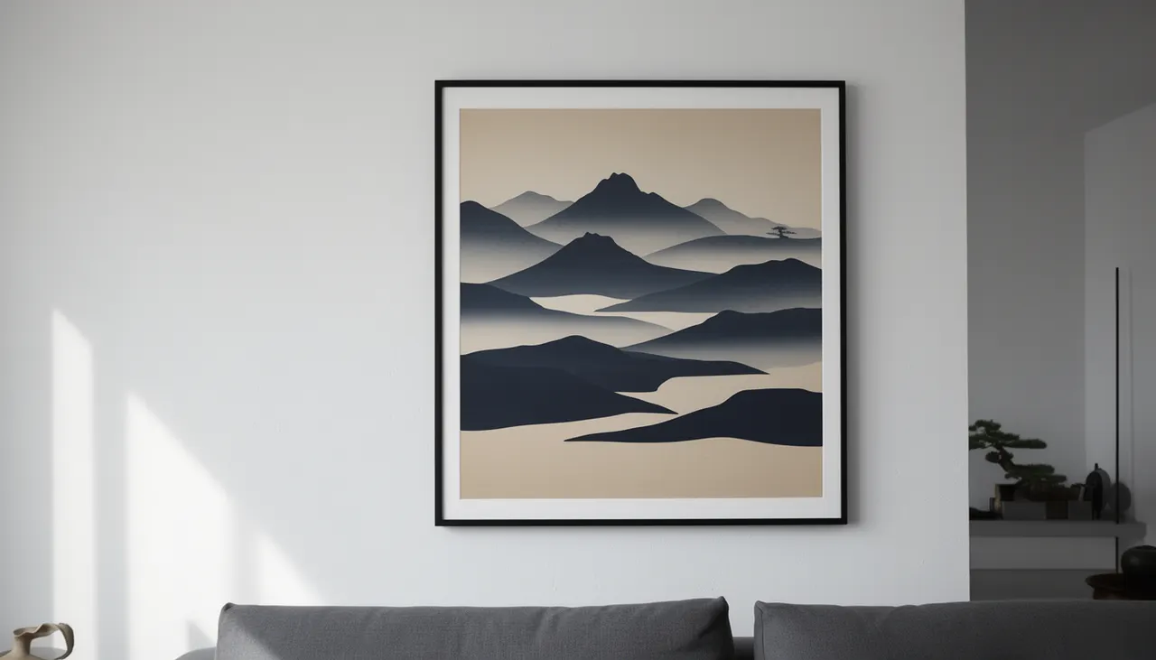Poster encadré dans un cadre en aluminium noir fin accroché au mur blanc d'un salon