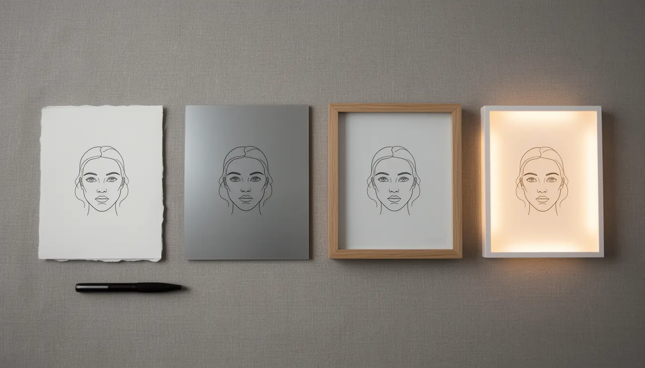 Comparaison visuelle affiche Line Art sur quatre supports : papier mat, aluminium brossé, cadre chêne flottant, LightPanel allumé