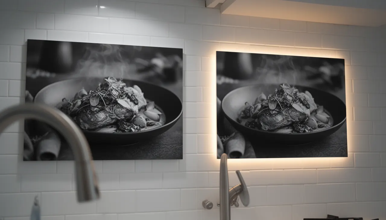 Supports aluminium et LightPanel en situation Échantillons supports aluminium dibond et LightPanel allumé cuisine